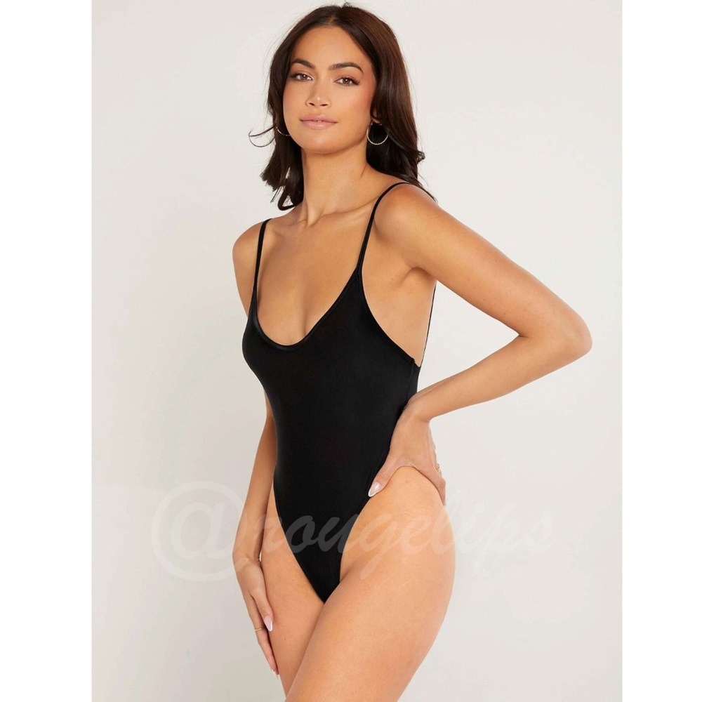 Black Cami Bodysuit Backless High Hip Scoop Neck - Picture 3 of 6